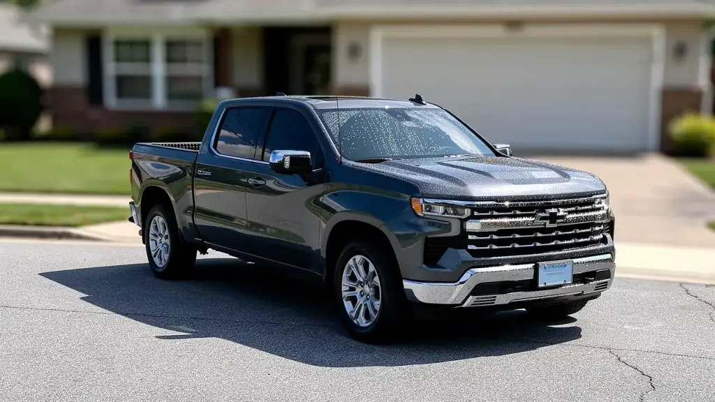 A dark grey pickup truck freshly washed on a residential driveway